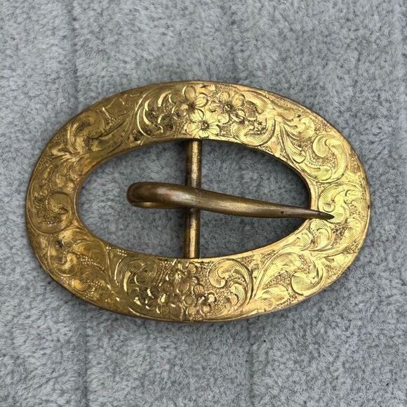 Vintage RLM Robert Lee Morris Brass Belt Buckle Mens 2 3/8” Floral Etched Signed - Picture 3 of 10